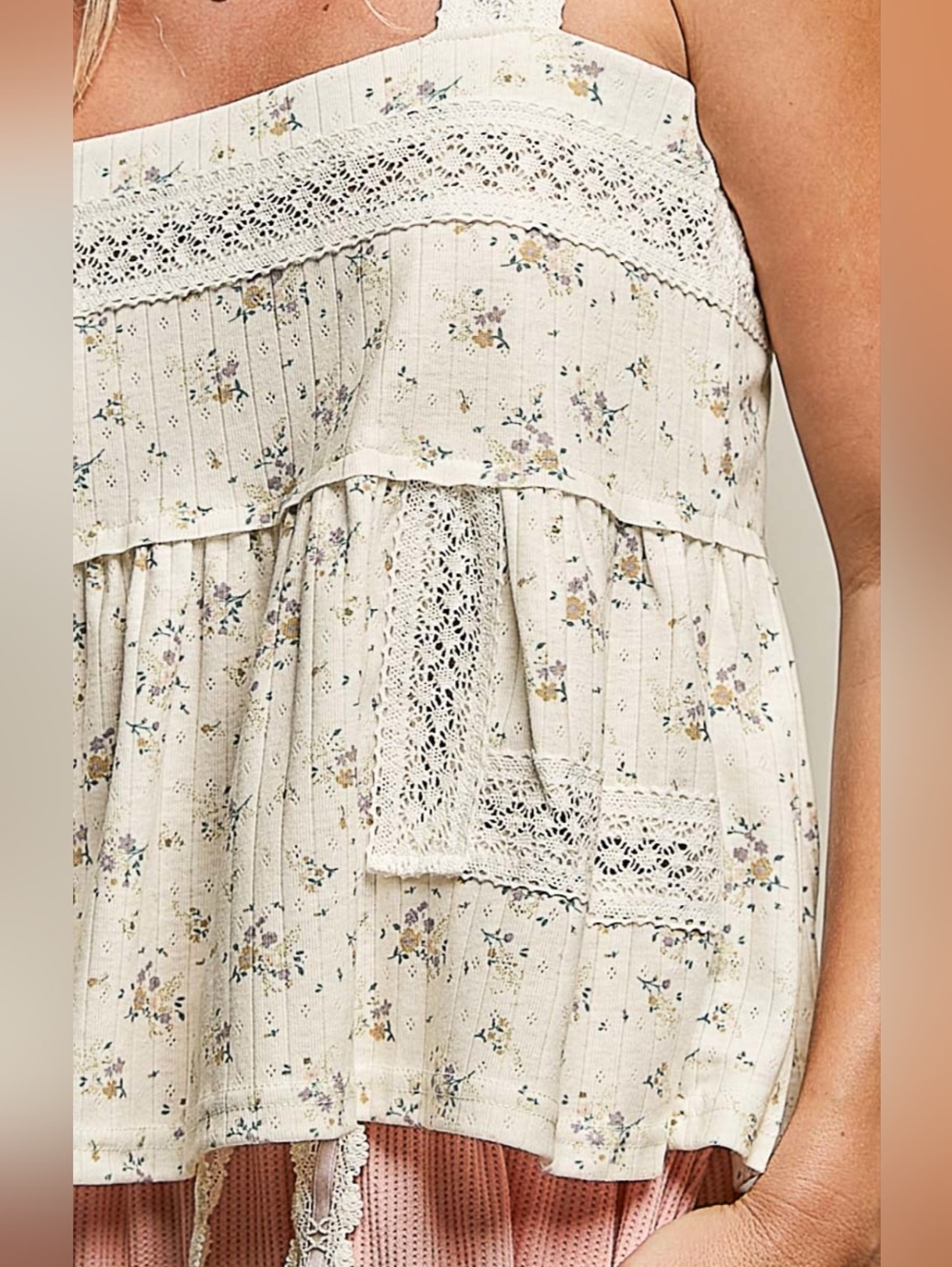 POL Cream Floral Lace-Trim Tank Top - Picture 6 of 6